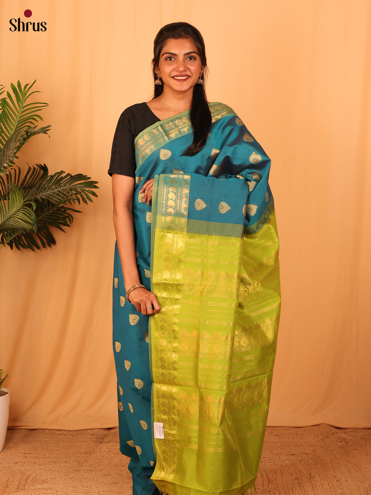 Blue & Green - Silkcotton-halfpure Saree - Shop on Shrus.com