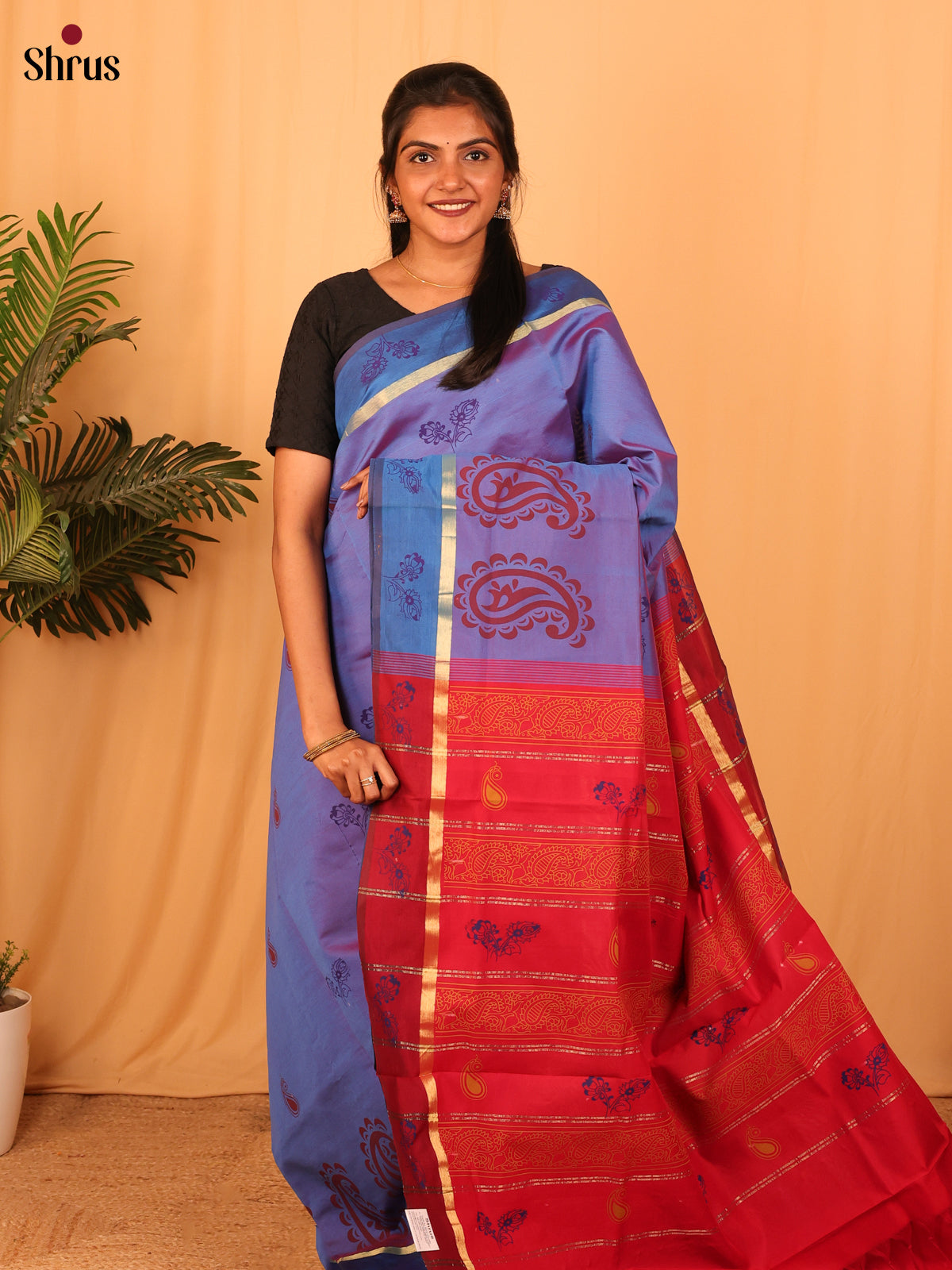 Purple & Red - Silkcotton-halfpure Saree - Shop on Shrus.com