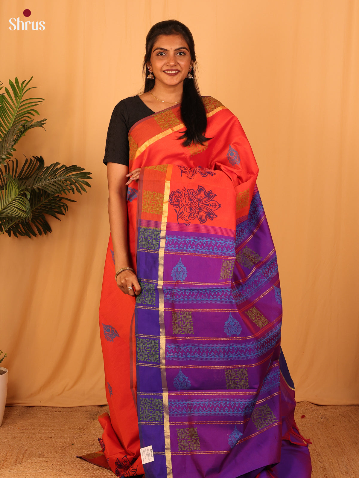 Orange & Purple- Silkcotton-halfpure Saree - Shop on Shrus.com