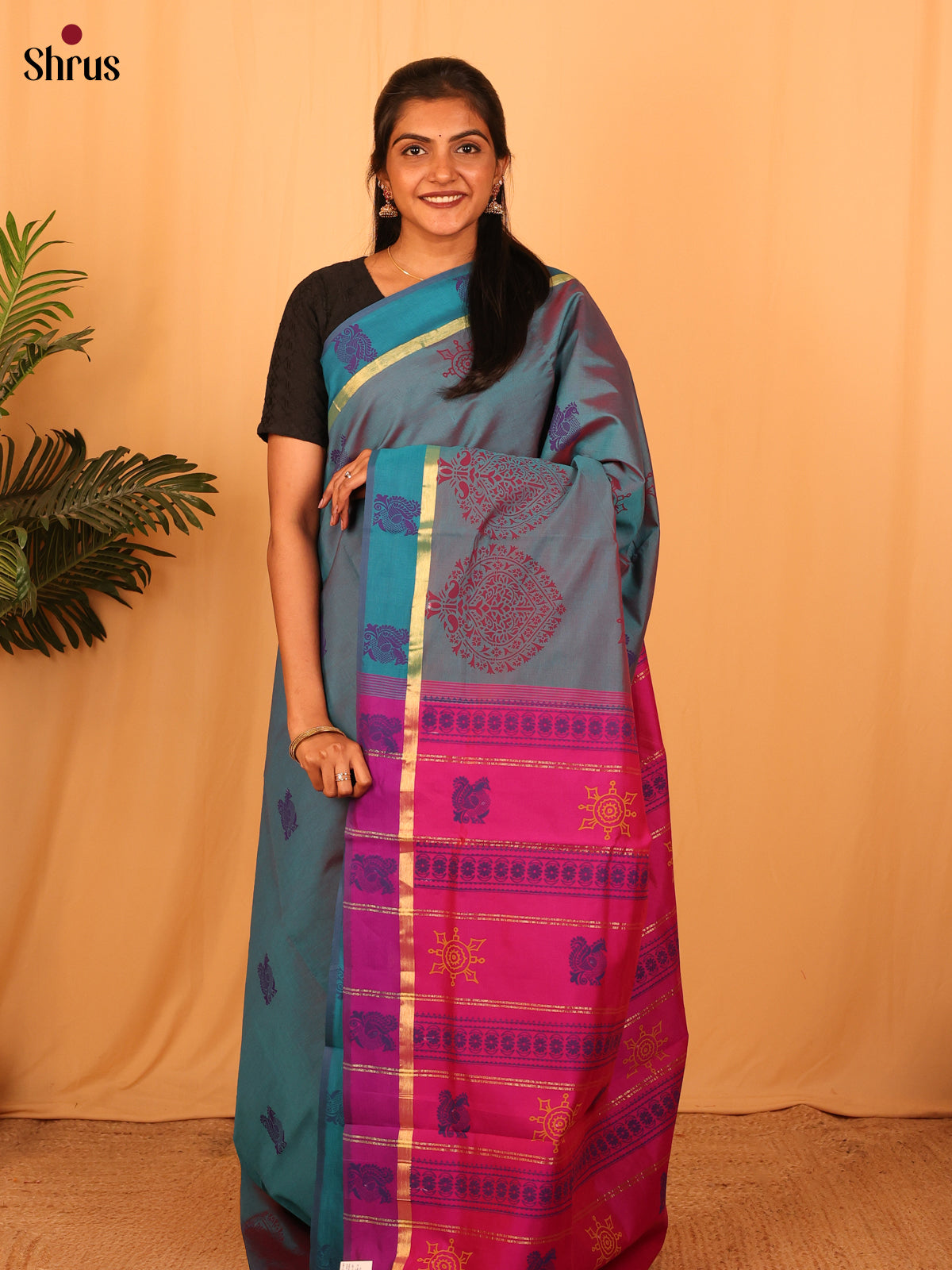 Blue & Pink - Silkcotton-halfpure Saree - Shop on Shrus.com