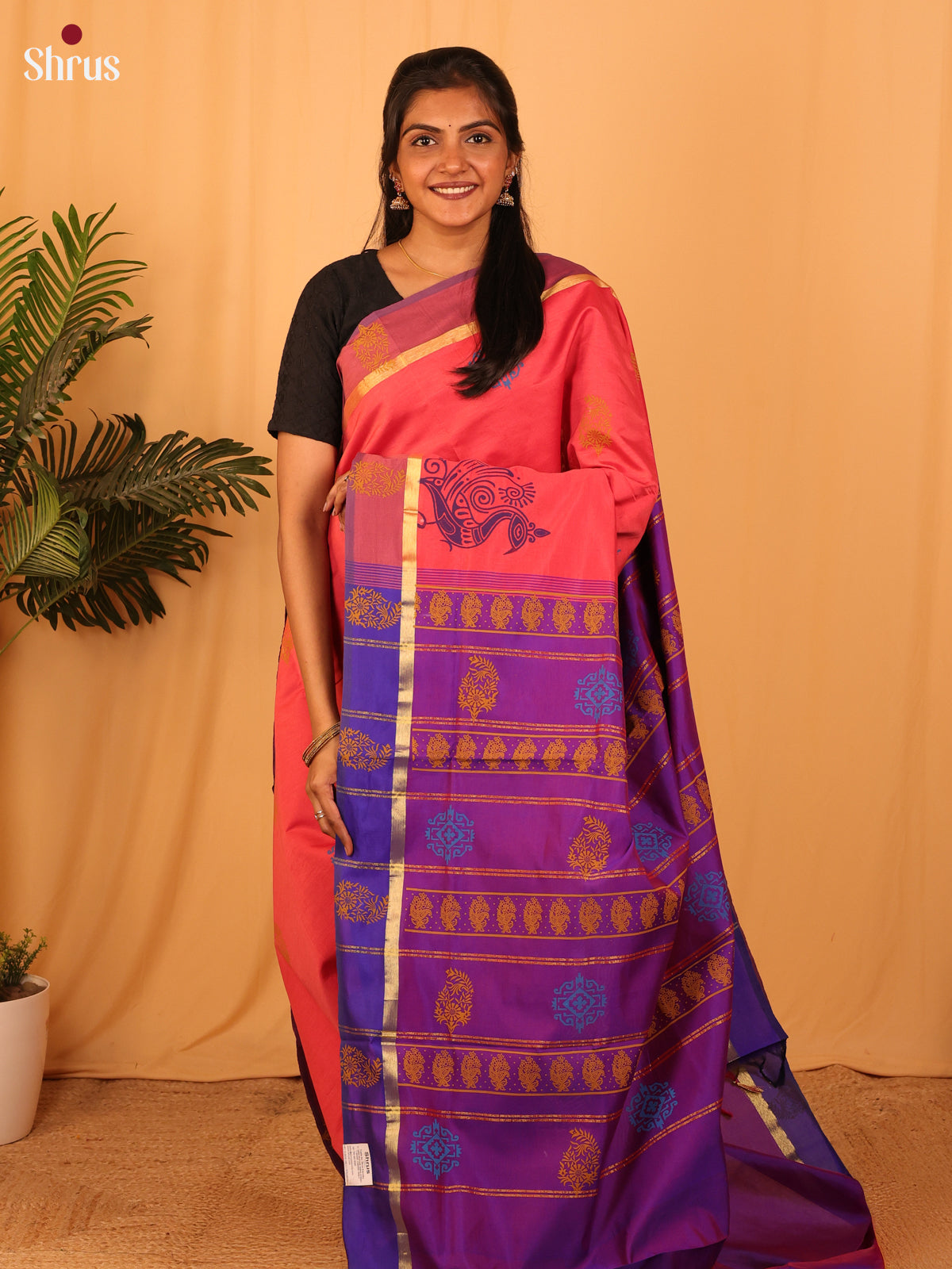 Pink & Violet- Silkcotton-halfpure Saree - Shop on Shrus.com