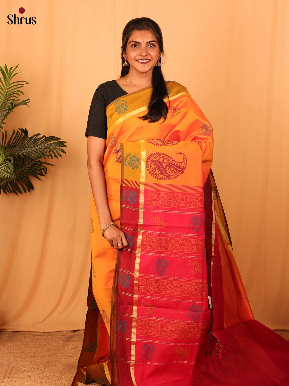 Mustard & Red - Silkcotton-halfpure Saree - Shop on Shrus.com
