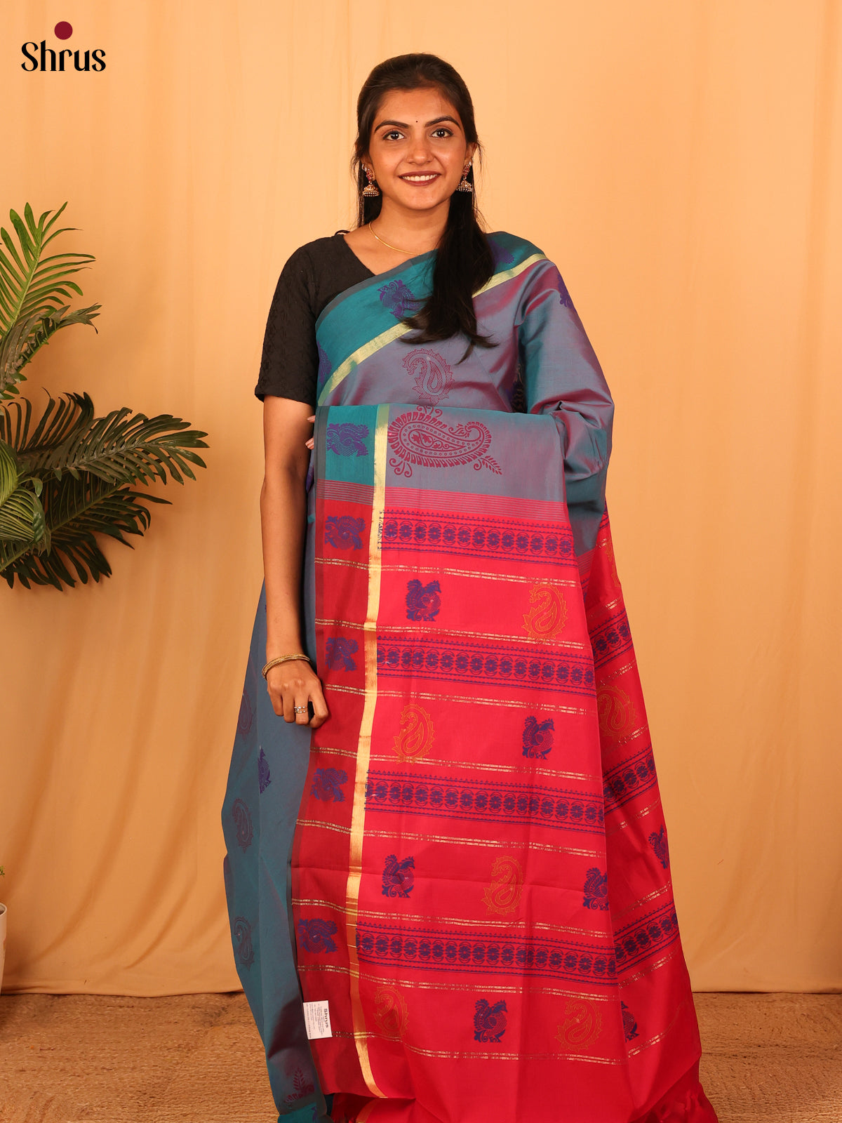 Blue & Red - Silkcotton-halfpure Saree - Shop on Shrus.com
