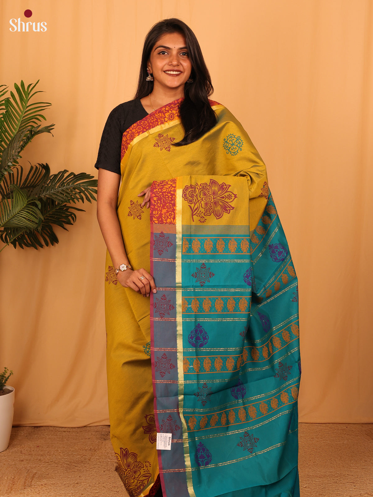 Mustard & Blue - Silkcotton-halfpure Saree - Shop on Shrus.com