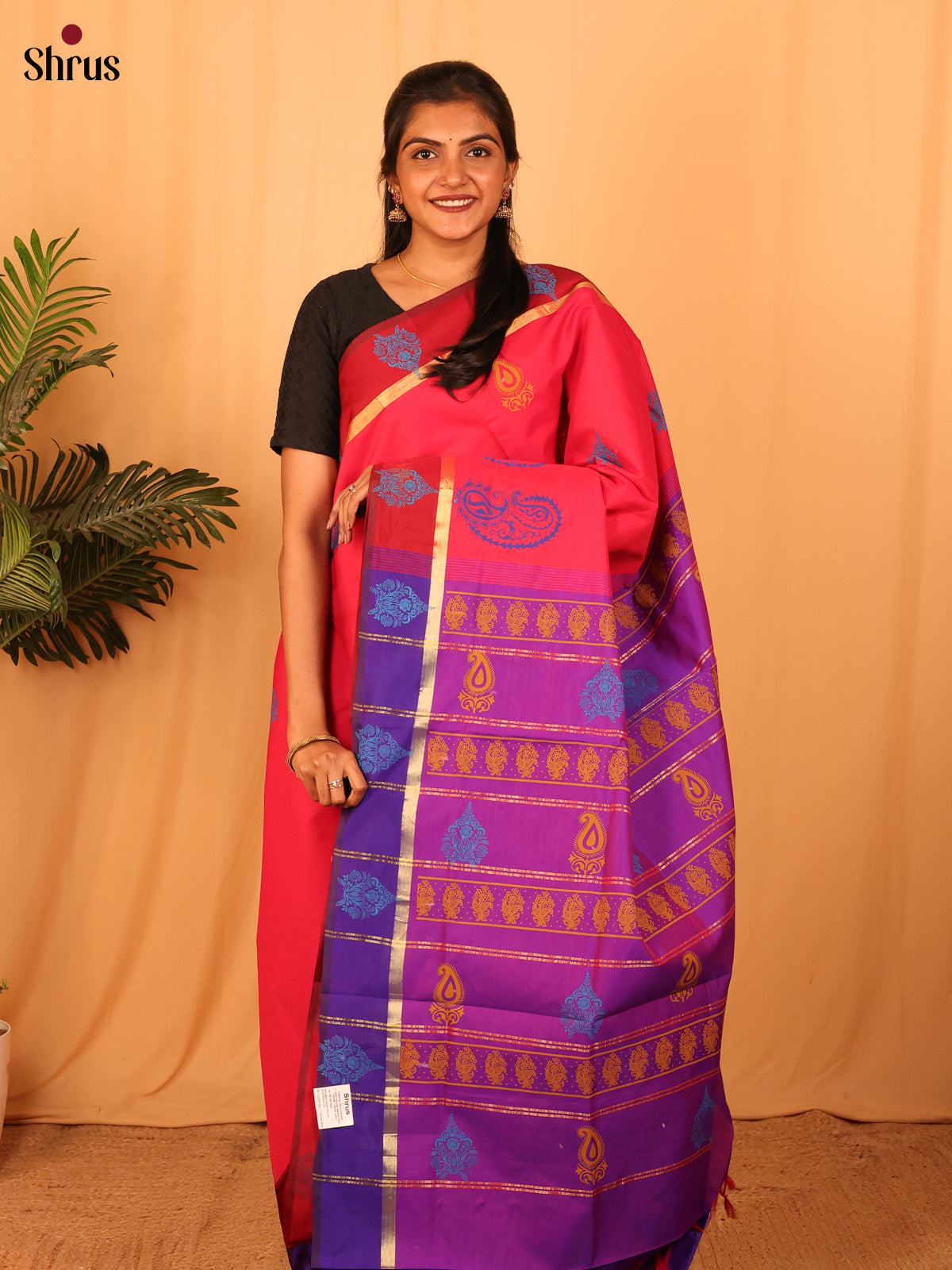 Pink & Purple - Silkcotton-halfpure Saree - Shop on Shrus.com