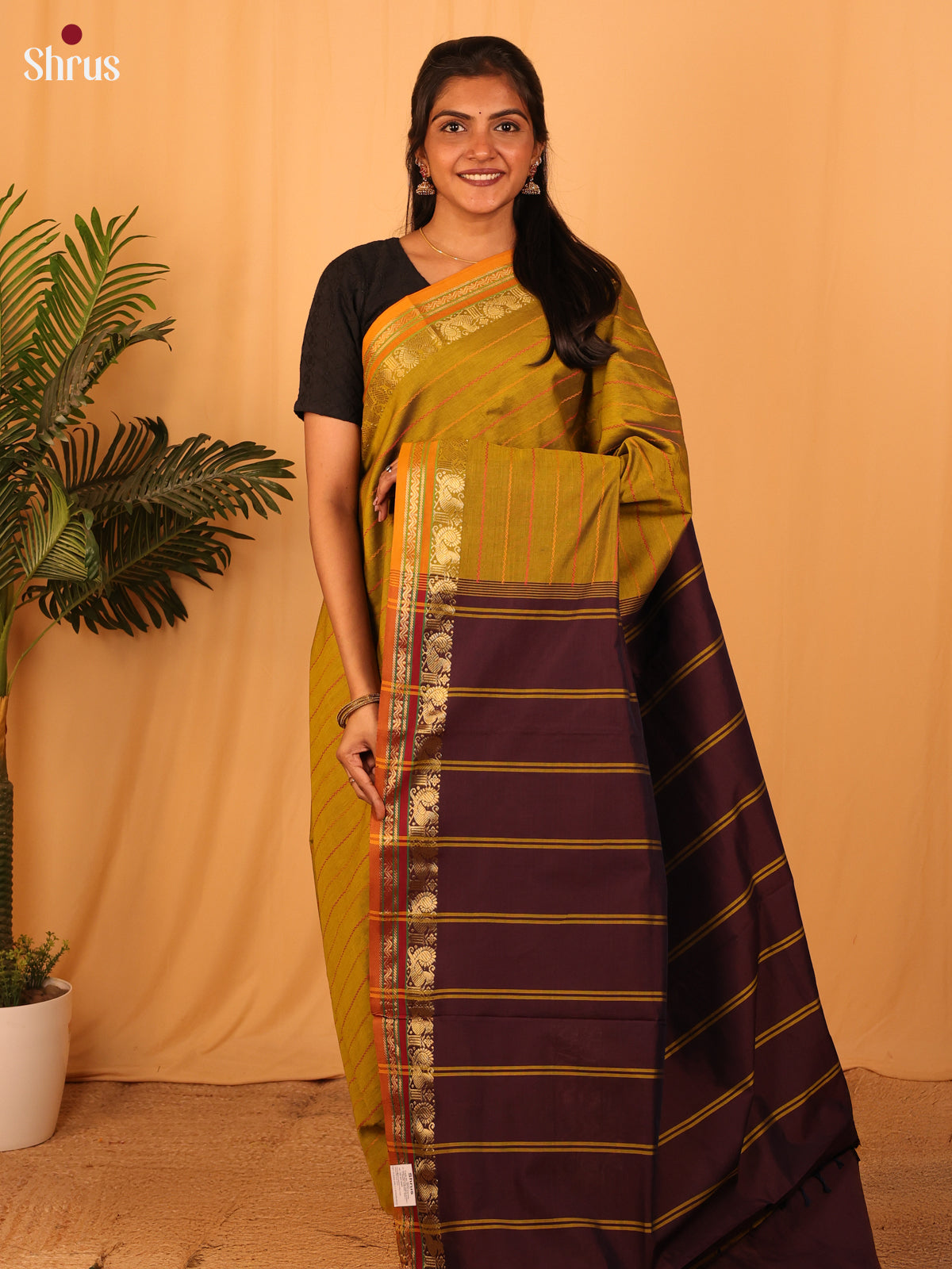Mustardy Green & Wine - Silkcotton-halfpure Saree - Shop on Shrus.com