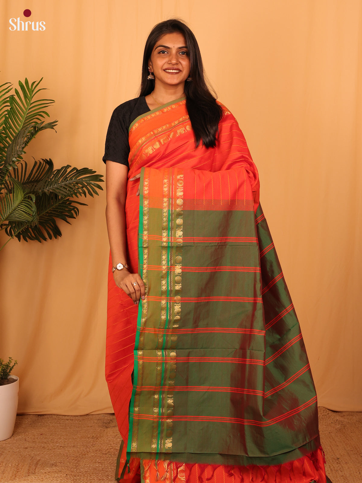 Orange & Green - Silkcotton-halfpure Saree - Shop on Shrus.com