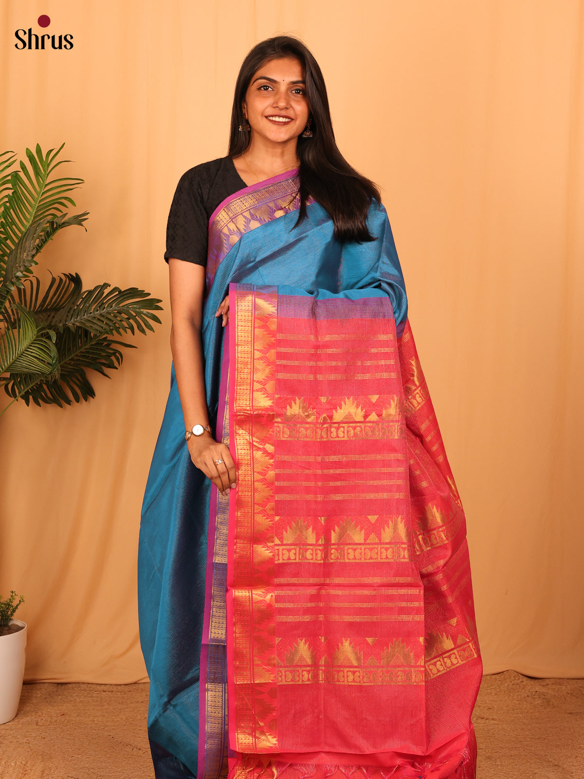 Blue & Pink - Silkcotton-halfpure Saree - Shop on Shrus.com