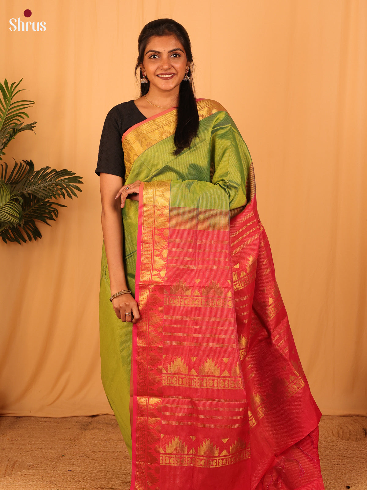 Green & Reddish Pink- Silkcotton-halfpure Saree - Shop on Shrus.com