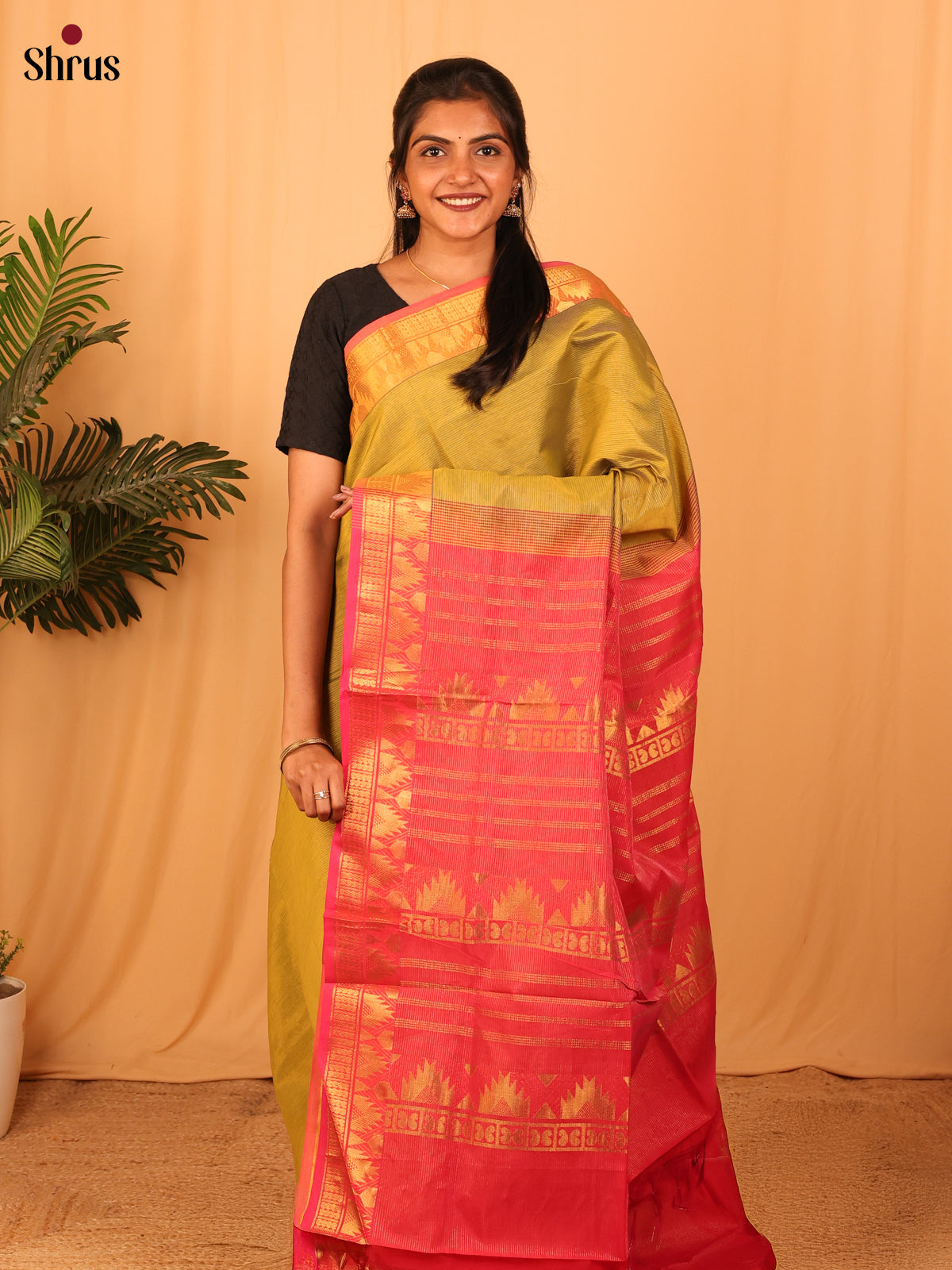 Green & Pink- Silkcotton-halfpure Saree - Shop on Shrus.com