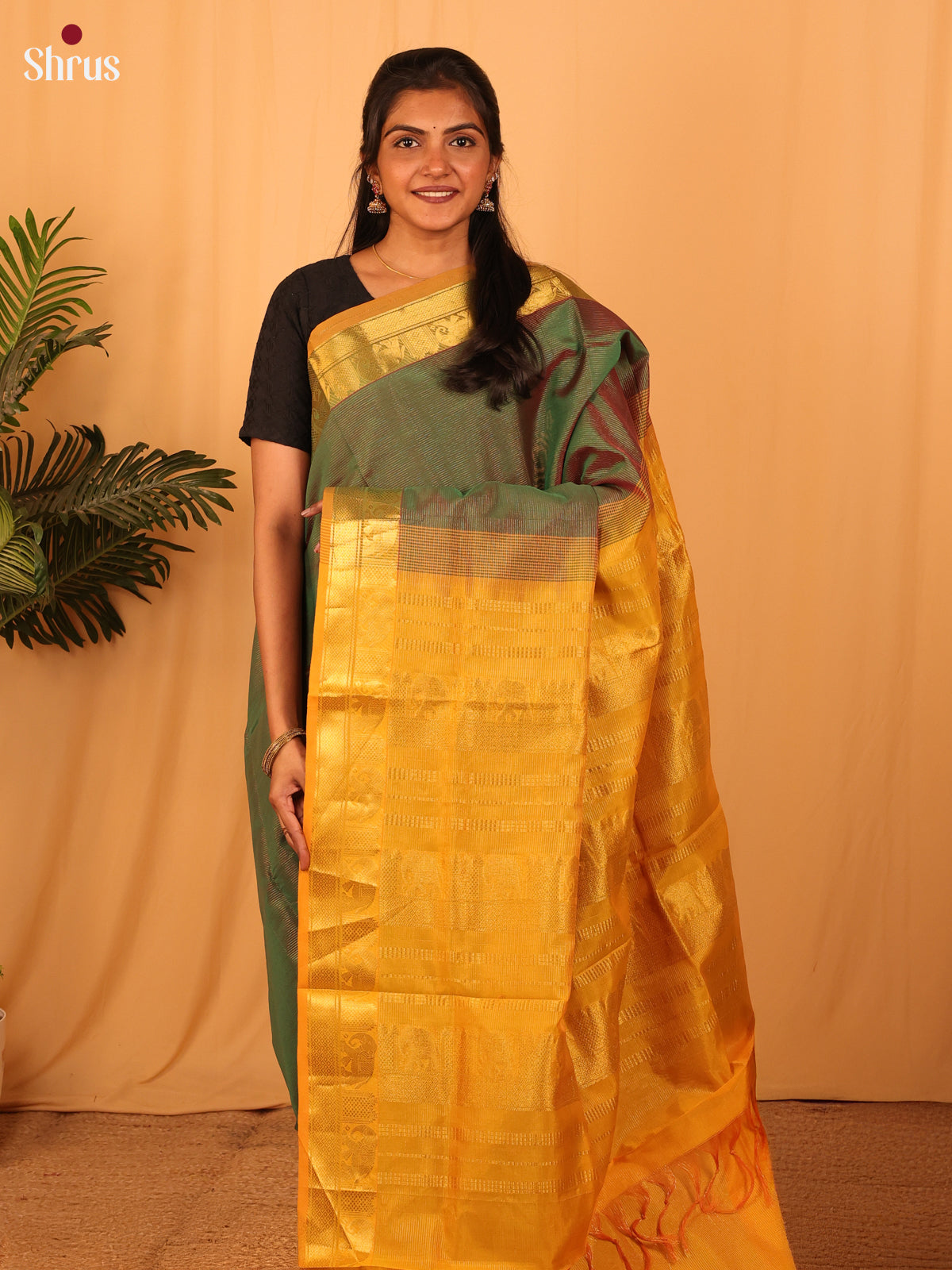Green & Mustard - Silkcotton-halfpure Saree - Shop on Shrus.com
