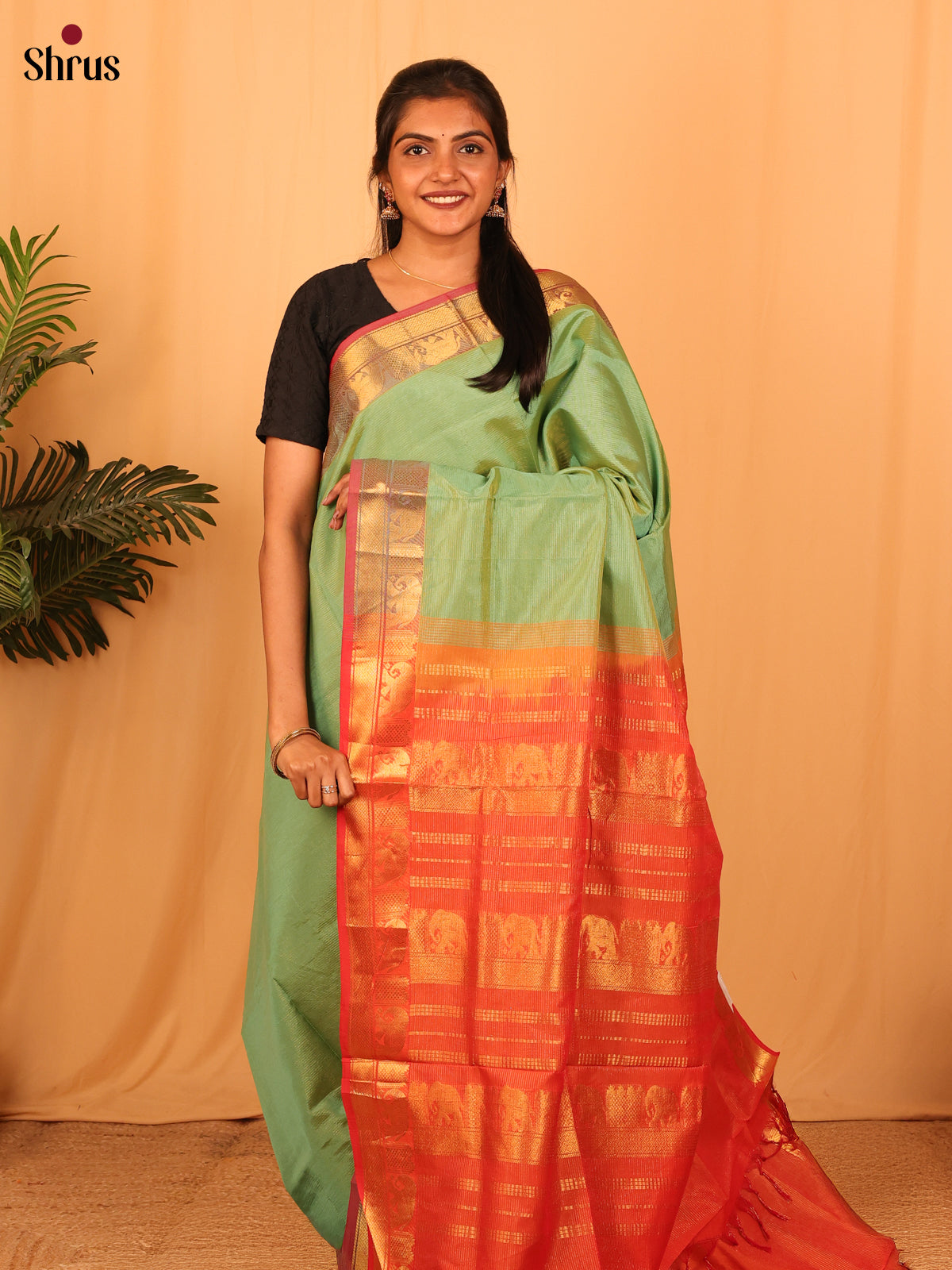 Green & Orange - Silkcotton-halfpure Saree - Shop on Shrus.com