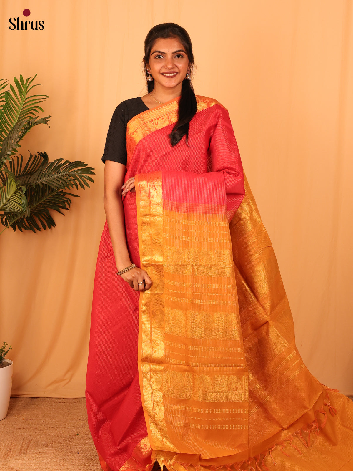Red & Mustard - Silkcotton-halfpure Saree - Shop on Shrus.com