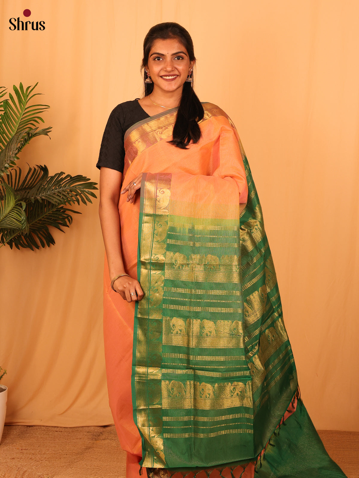 Peach & Green- Silkcotton-halfpure Saree - Shop on Shrus.com