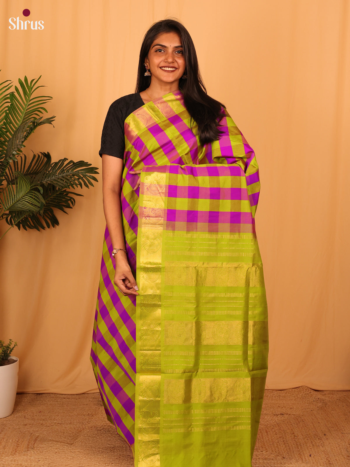 Purple & Green- Silkcotton-halfpure Saree - Shop on Shrus.com