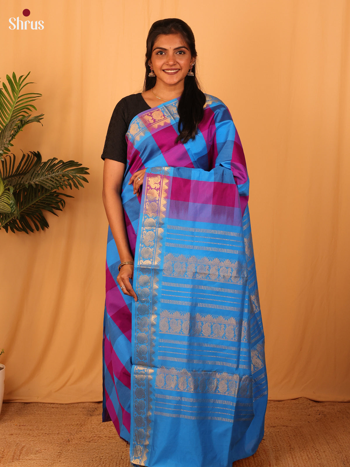 Blue & Purple - Silkcotton-halfpure Saree - Shop on Shrus.com