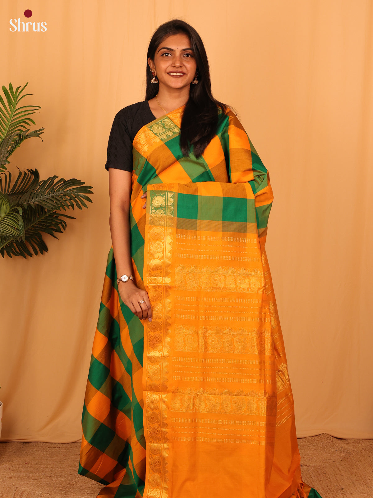 Green & Mambazha Yellow - Silkcotton-halfpure Saree - Shop on Shrus.com