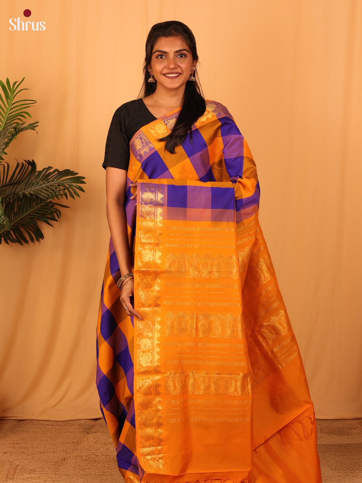 Blue & Orange - Silkcotton-halfpure Saree - Shop on Shrus.com