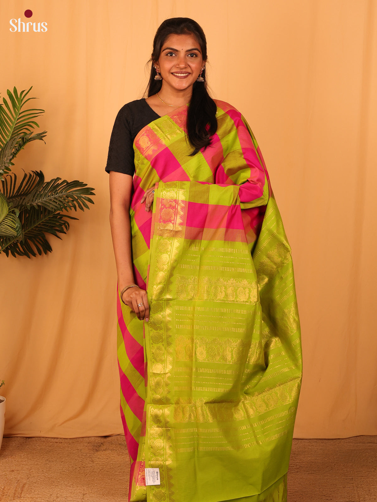 Green & Pink - Silkcotton-halfpure Saree - Shop on Shrus.com