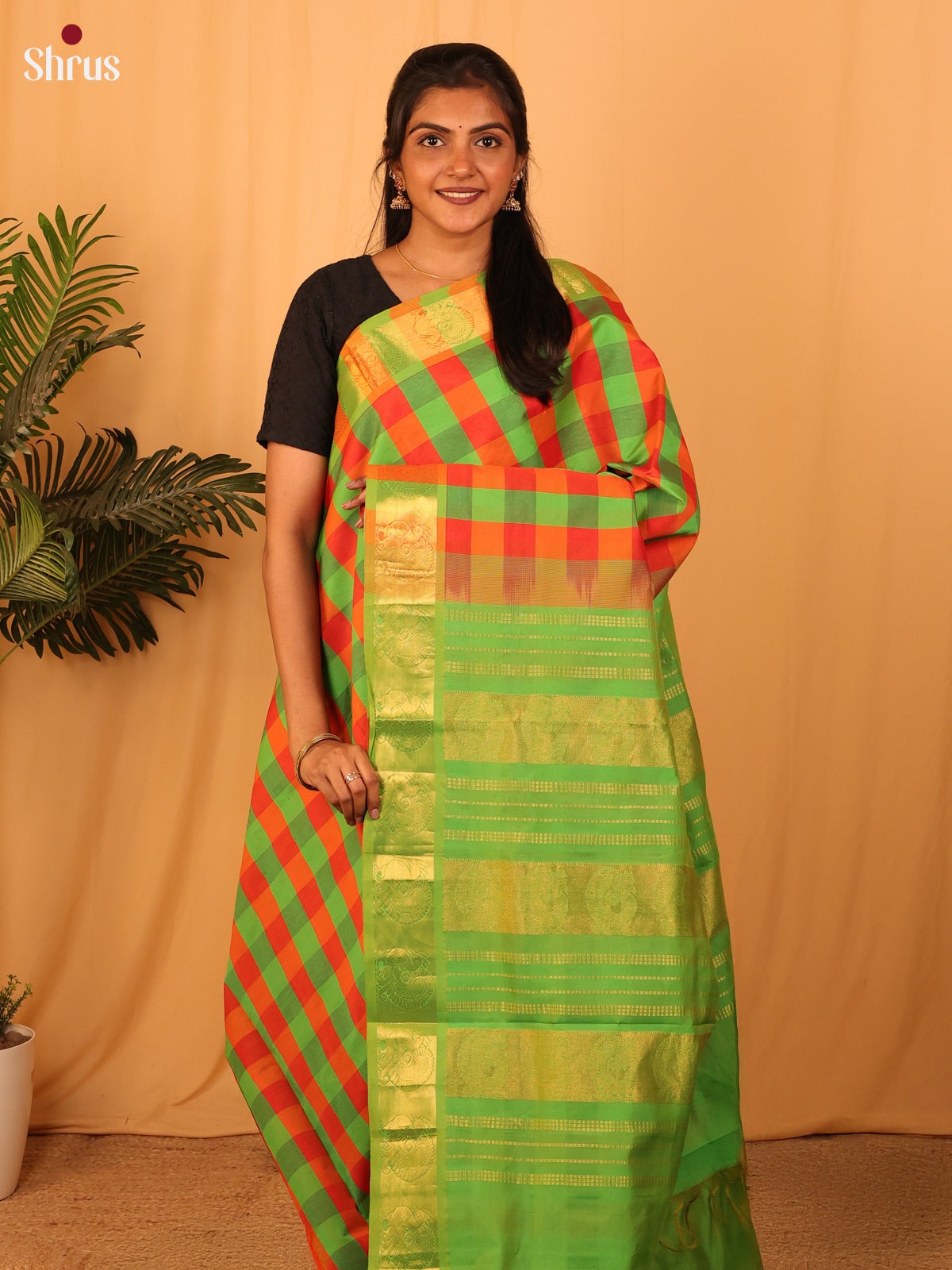 Green & Orange - Silkcotton-halfpure Saree - Shop on Shrus.com