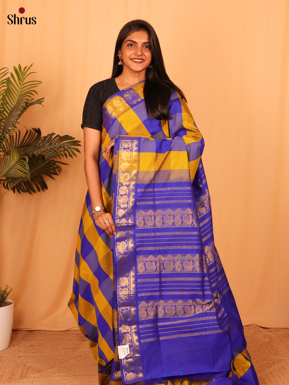 Yellow & blue - Silkcotton-halfpure Saree - Shop on Shrus.com