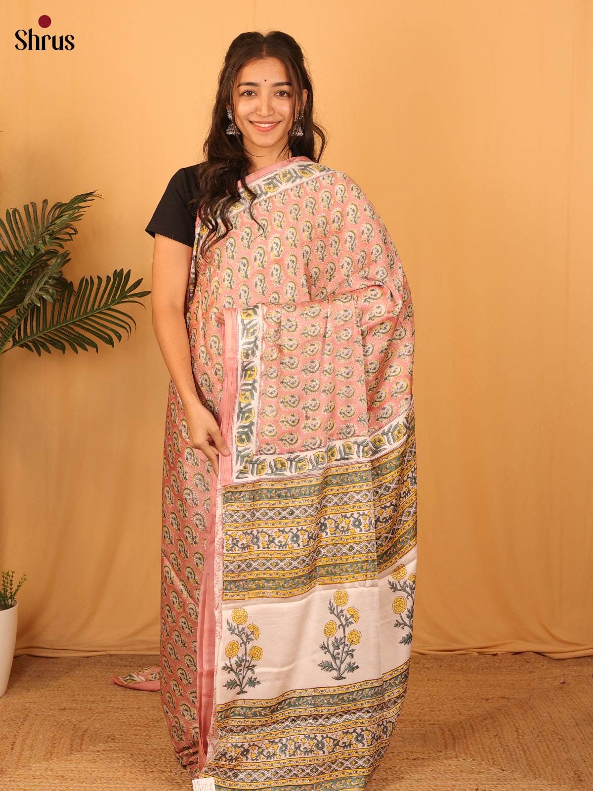 Peachish Pink & Cream - Modal Silk Saree - Shop on Shrus.com
