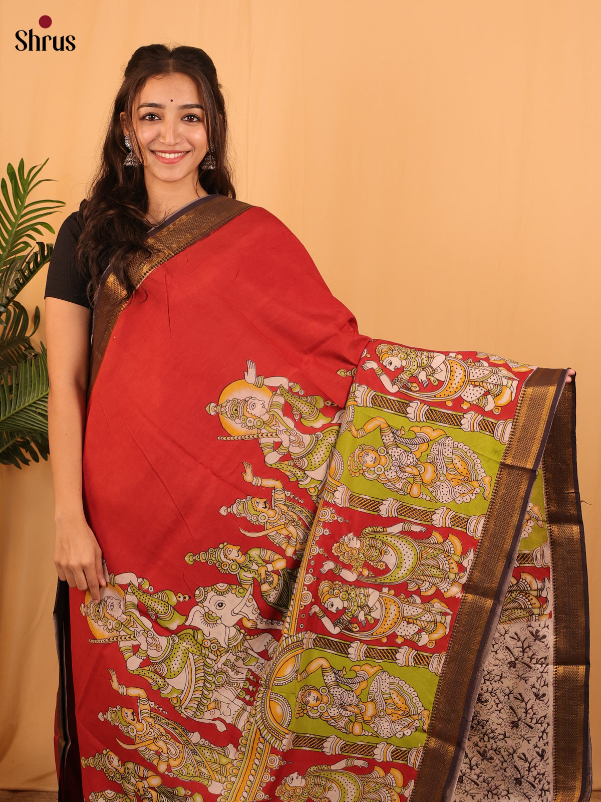 Red & Green - Mangalagiri silkcotton Saree - Shop on Shrus.com