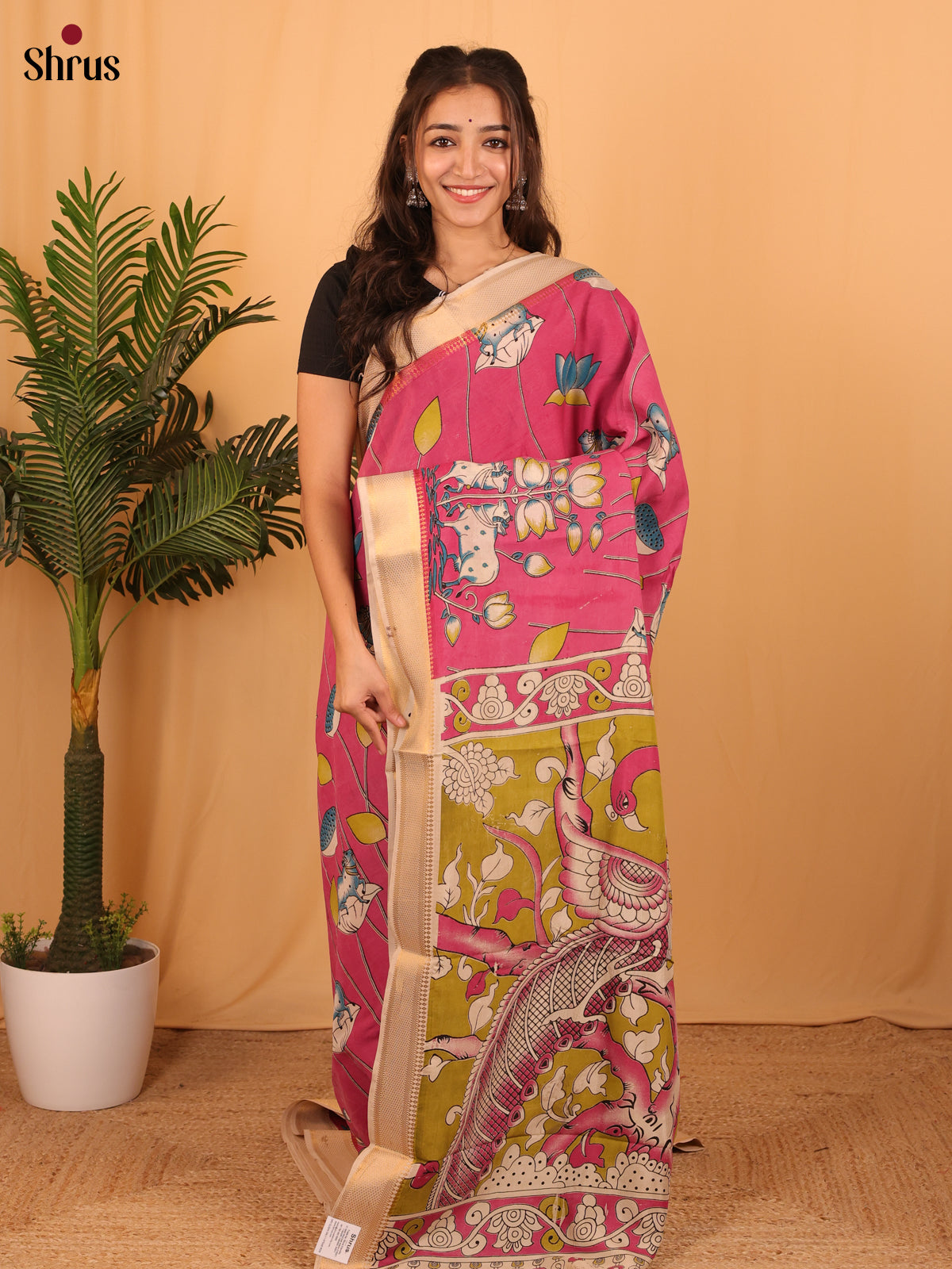 Pink & Green - Mangalagiri silkcotton Saree - Shop on Shrus.com