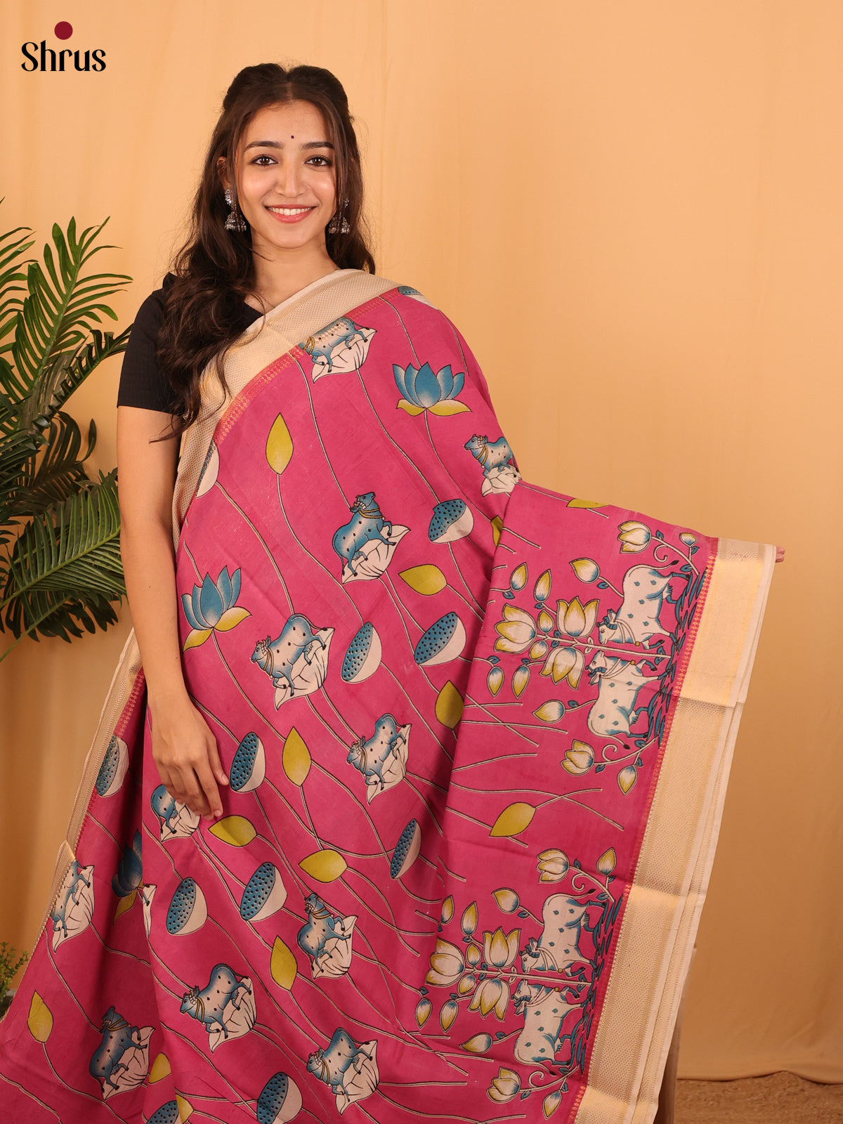 Pink & Green - Mangalagiri silkcotton Saree - Shop on Shrus.com