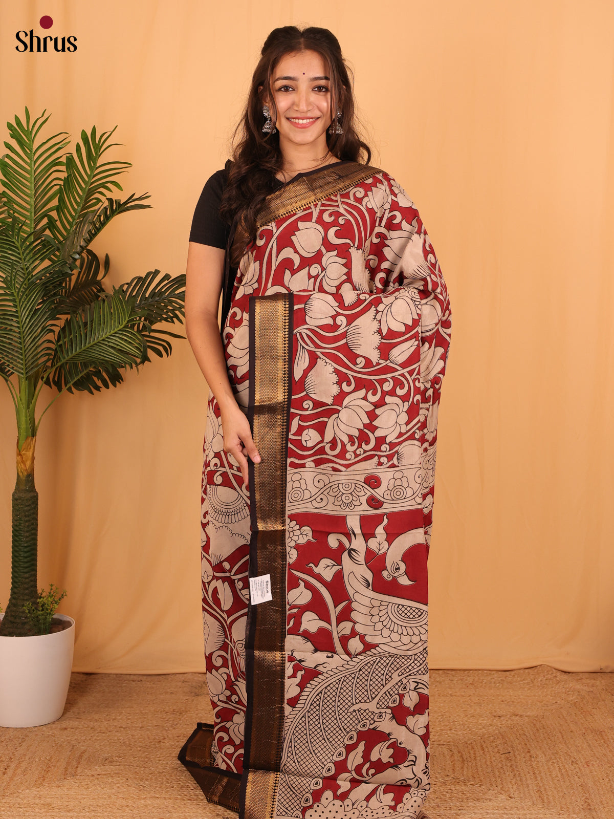 Maroon & Cream - Mangalagiri silkcotton Saree - Shop on Shrus.com