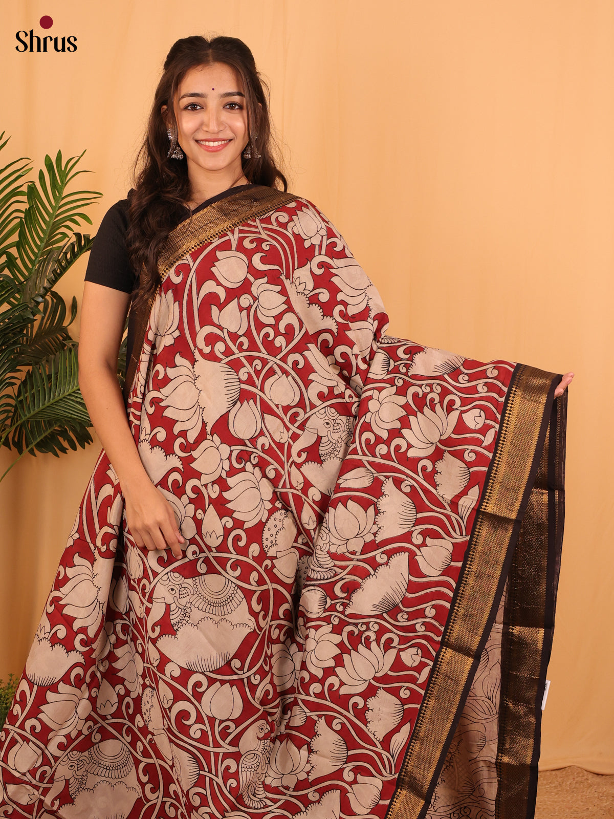 Maroon & Cream - Mangalagiri silkcotton Saree - Shop on Shrus.com