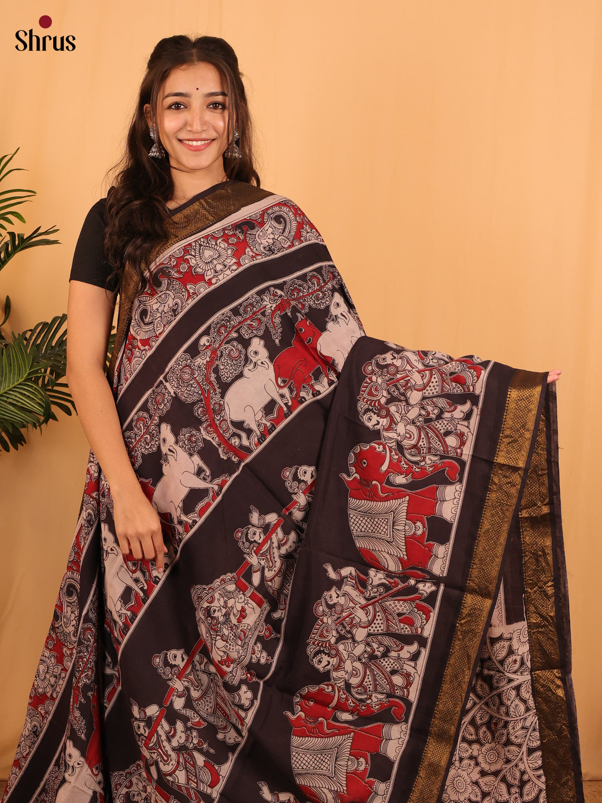 Black & Red - Mangalagiri silkcotton Saree - Shop on Shrus.com
