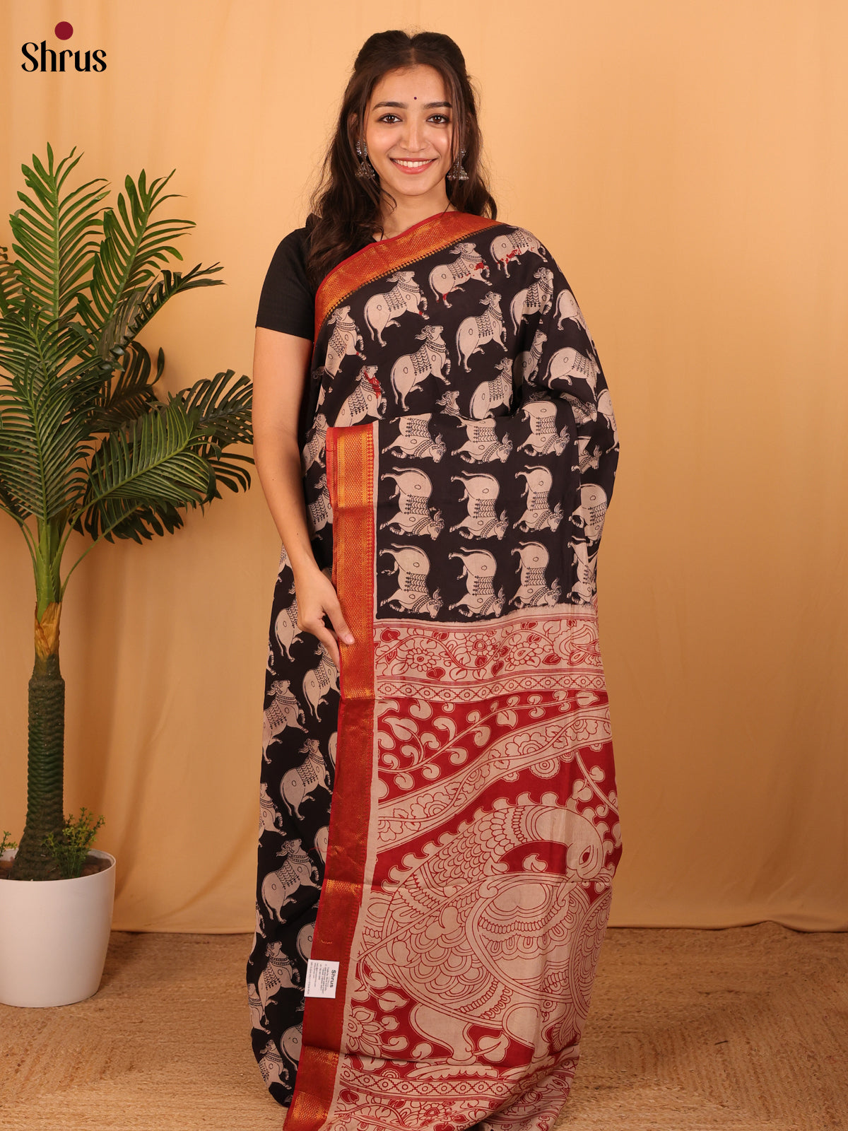 Black & Red - Mangalagiri silkcotton Saree - Shop on Shrus.com