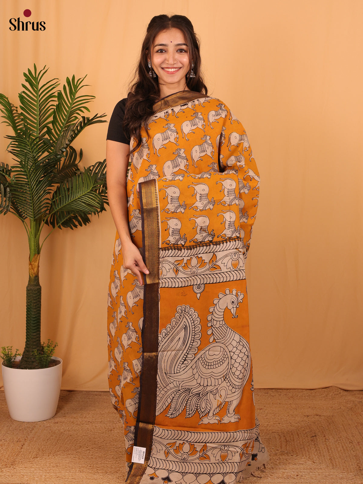 Mustard & Black - Mangalagiri silkcotton Saree - Shop on Shrus.com