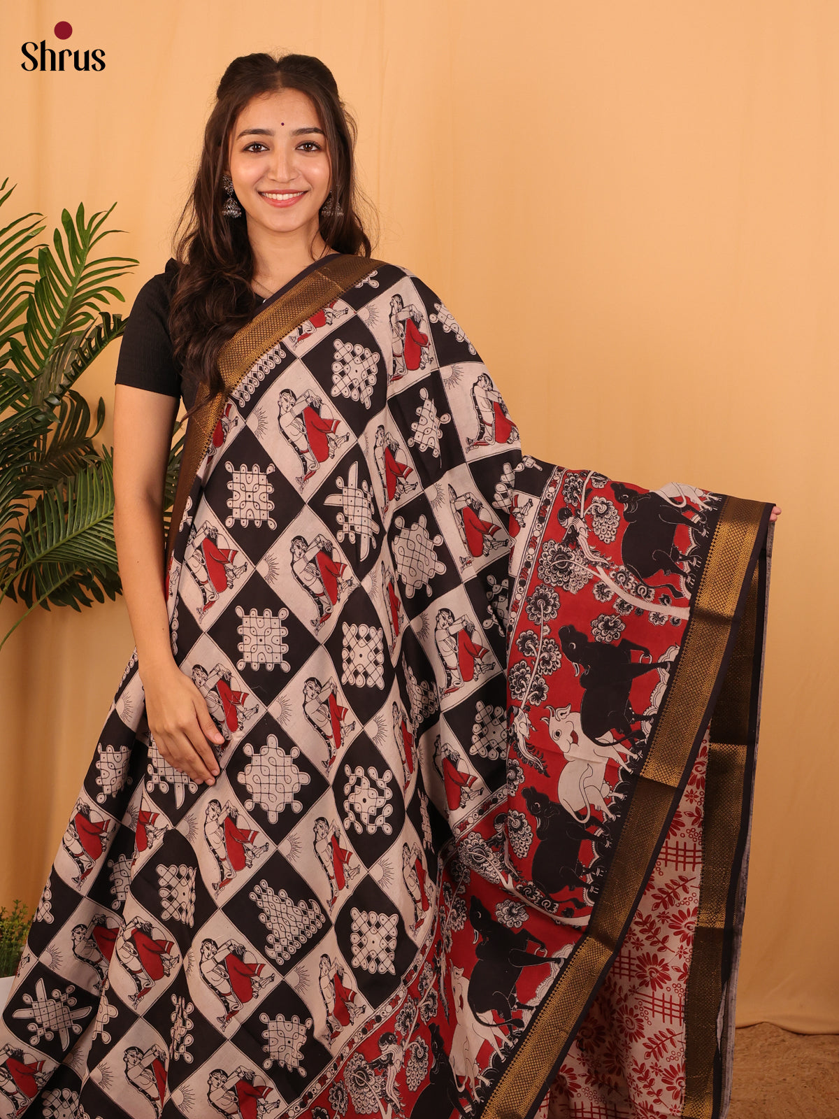 Black & Red - Mangalagiri silkcotton Saree - Shop on Shrus.com
