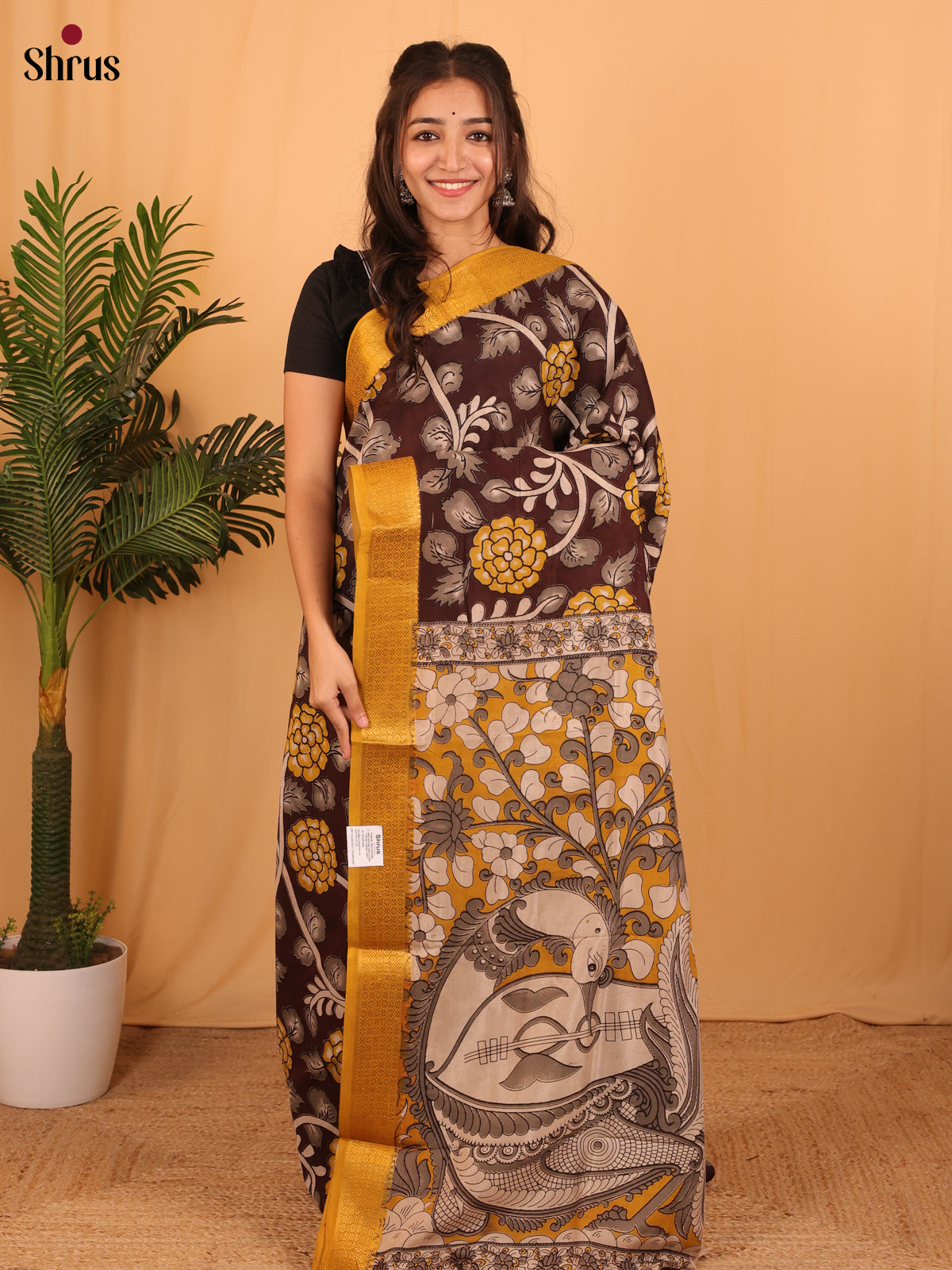 Brown & Mustard - Mangalagiri silkcotton Saree - Shop on Shrus.com