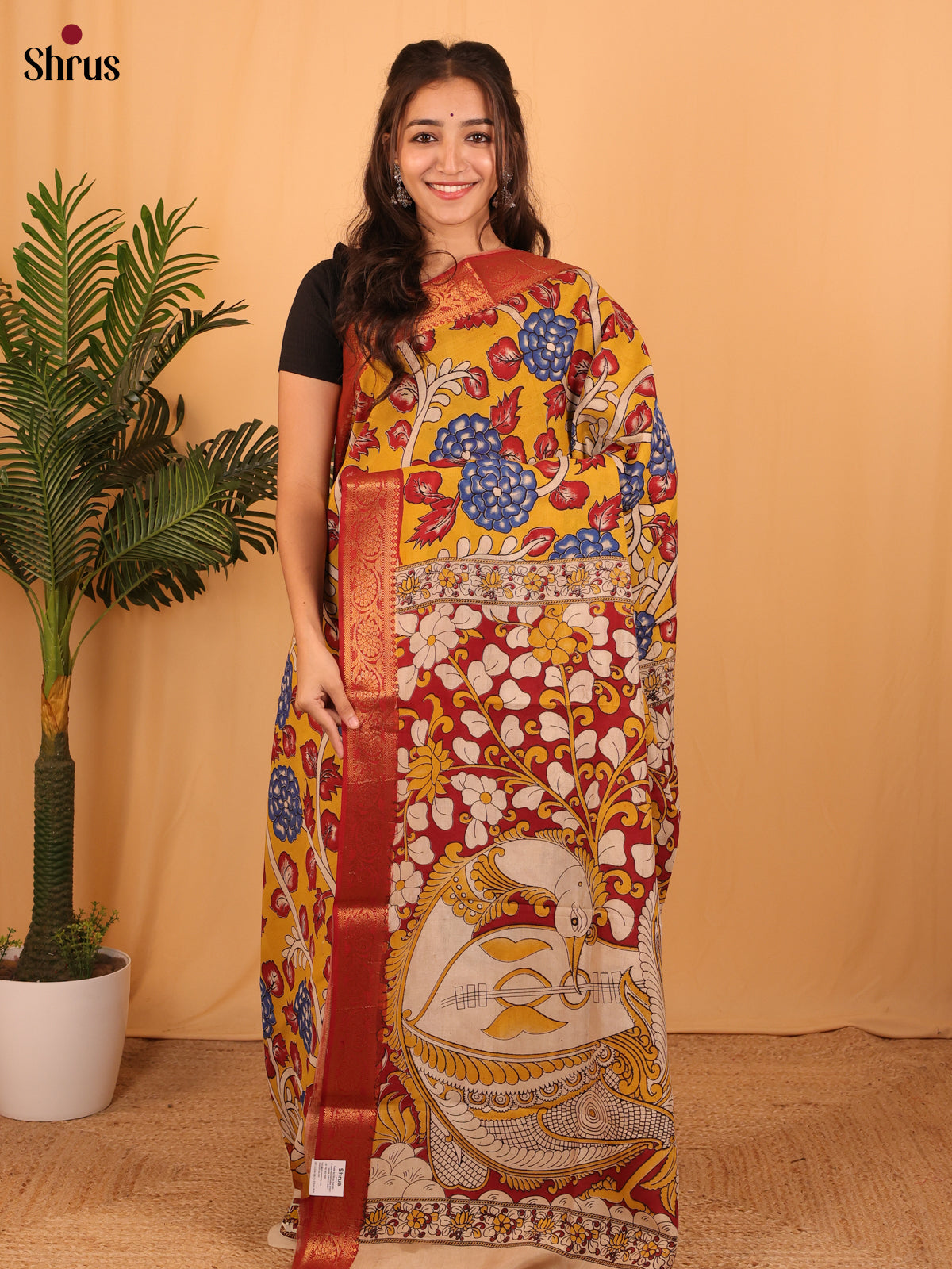 Mustard & Red - Mangalagiri silkcotton Saree - Shop on Shrus.com