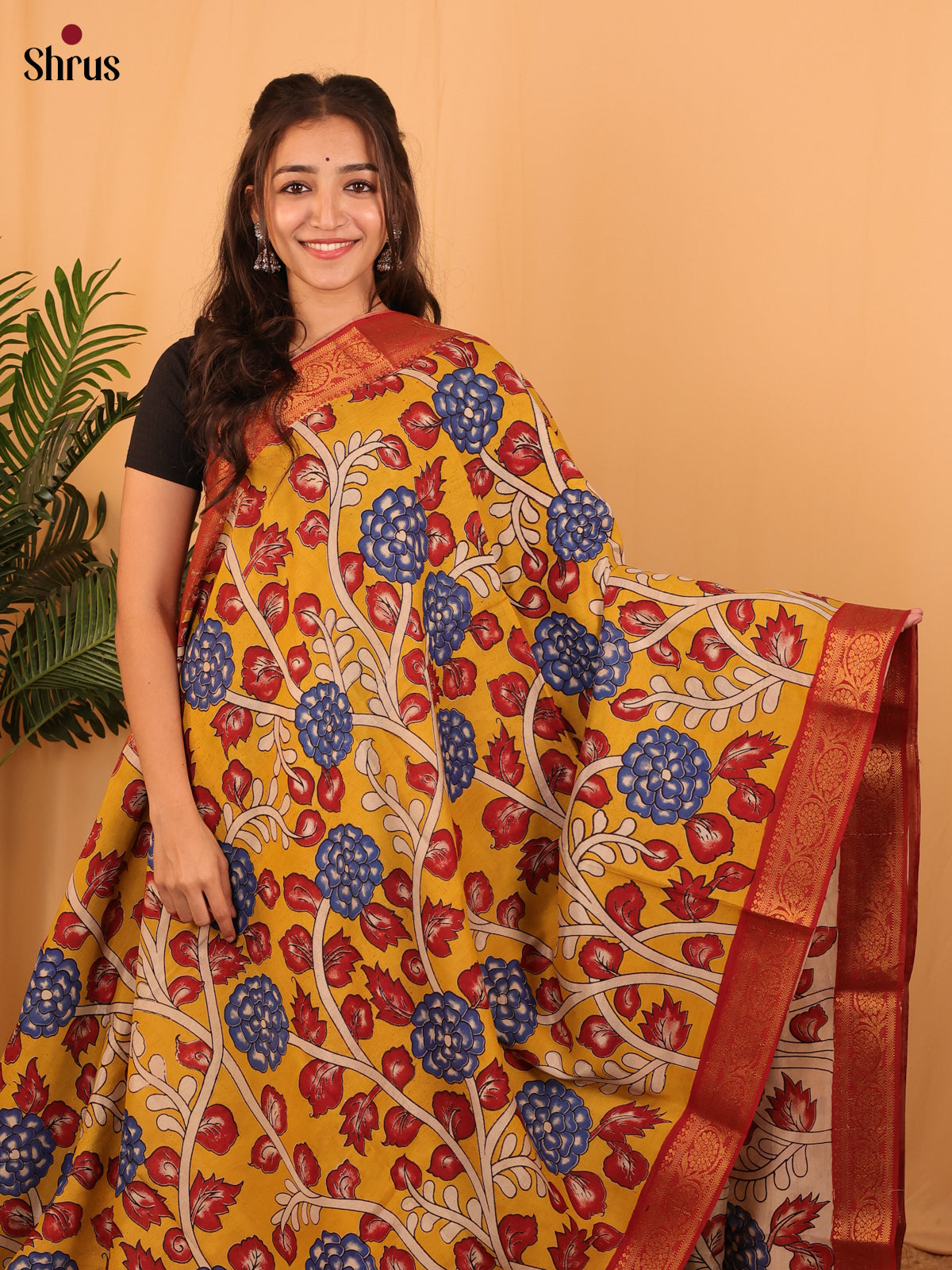 Mustard & Red - Mangalagiri silkcotton Saree - Shop on Shrus.com