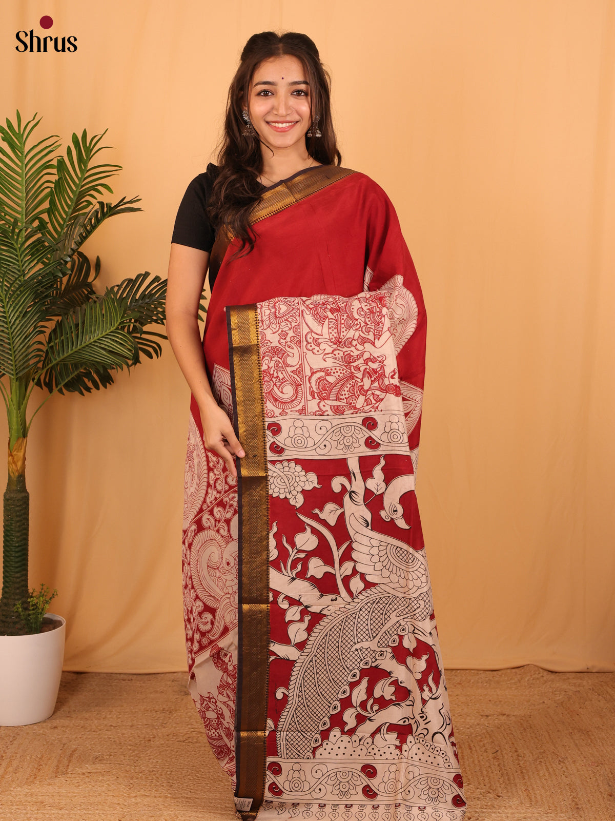 Red & Cream - Mangalagiri silkcotton Saree - Shop on Shrus.com