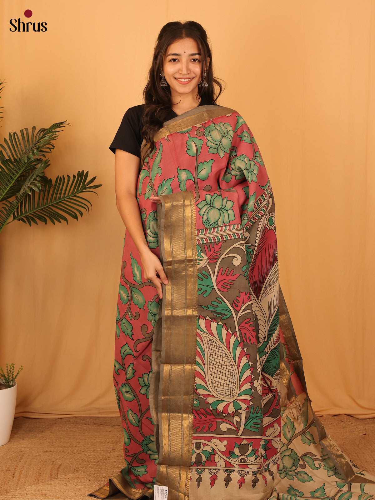 Pink & Brown- Kalamkari Printed Mangalagiri silkcotton Saree - Shop on Shrus.com