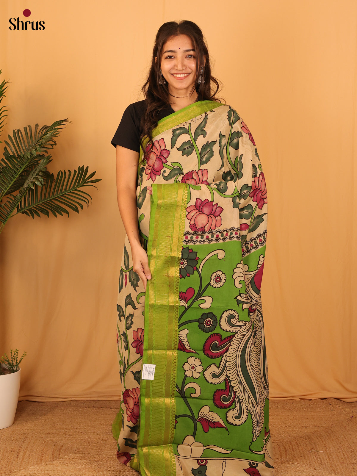Pastel Yellow & Green- Kalamkari Printed Mangalagiri silkcotton Saree - Shop on Shrus.com