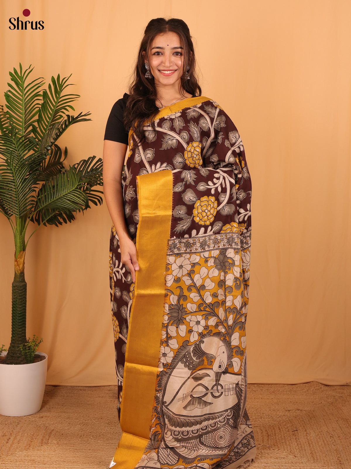 Brown & Yellow- Mangalagiri silkcotton Saree - Shop on Shrus.com