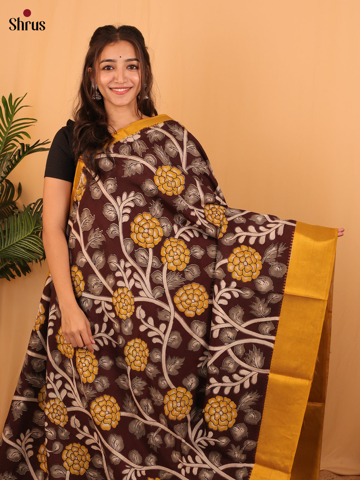 Brown & Yellow- Mangalagiri silkcotton Saree - Shop on Shrus.com