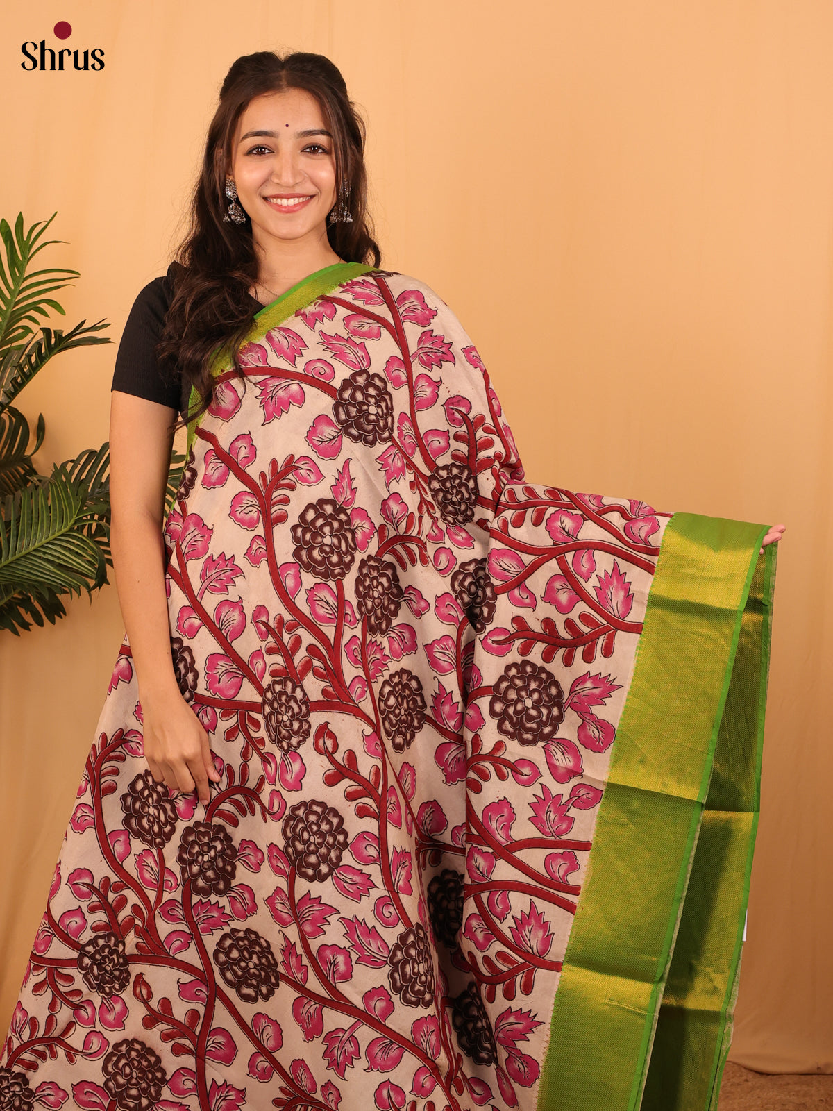 Pink & Green - Mangalagiri silkcotton Saree - Shop on Shrus.com
