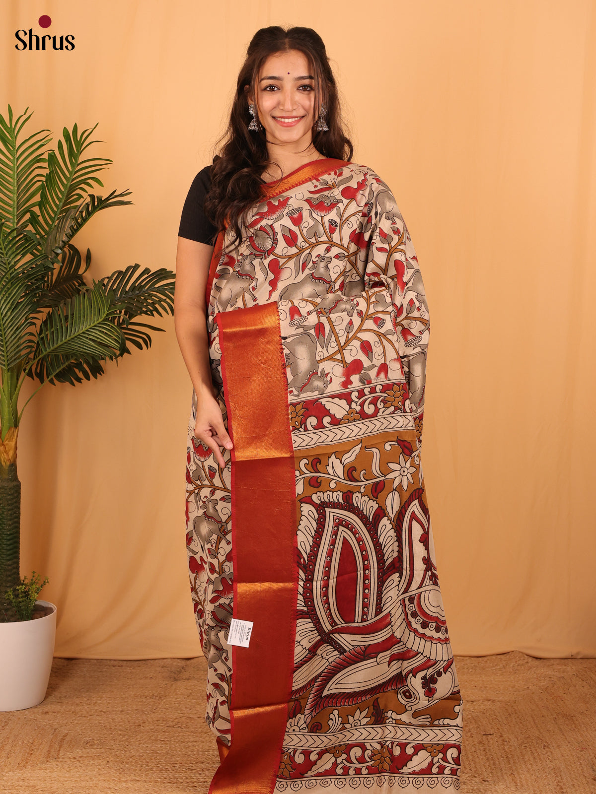 Cream & Red- Mangalagiri silkcotton Saree - Shop on Shrus.com