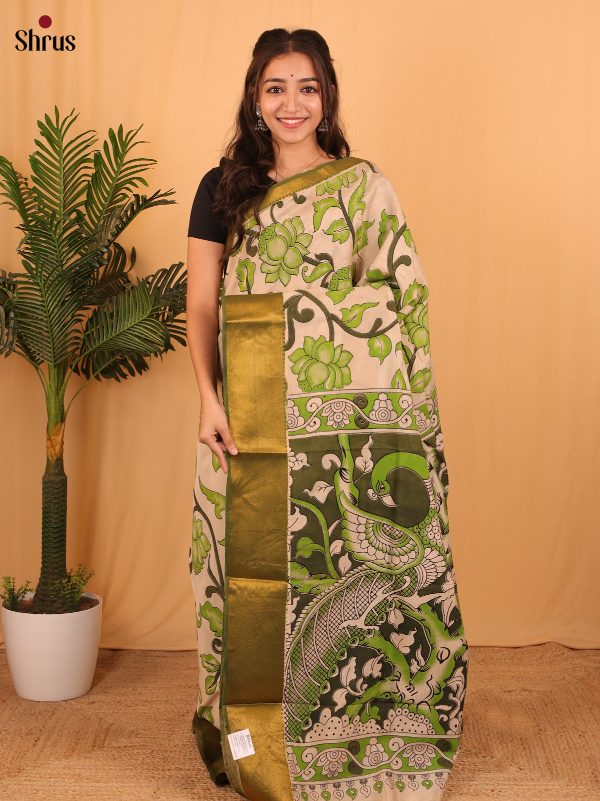 Cream & Green - Mangalagiri silkcotton Saree - Shop on Shrus.com