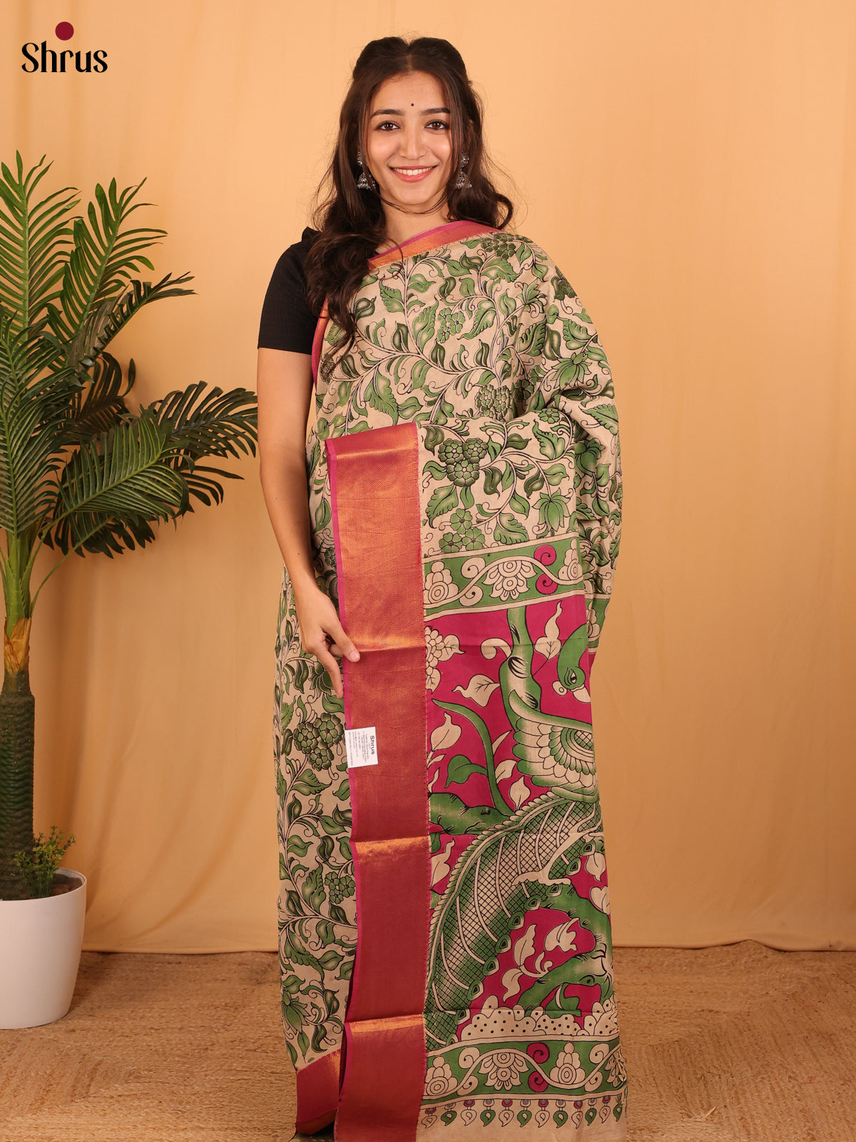 Green & Pink - Mangalagiri silkcotton Saree - Shop on Shrus.com
