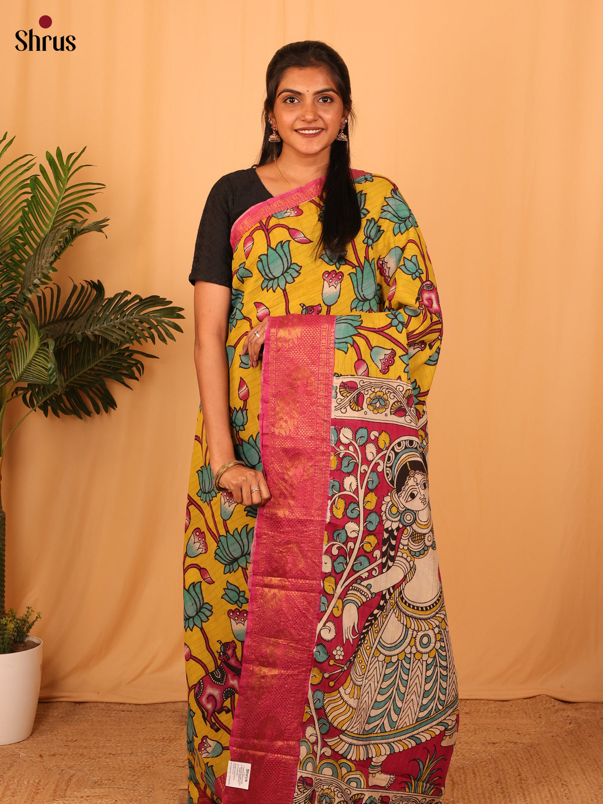 Yellow & Pink - Kalamkari Printed Mangalagiri silkcotton Saree - Shop on Shrus.com