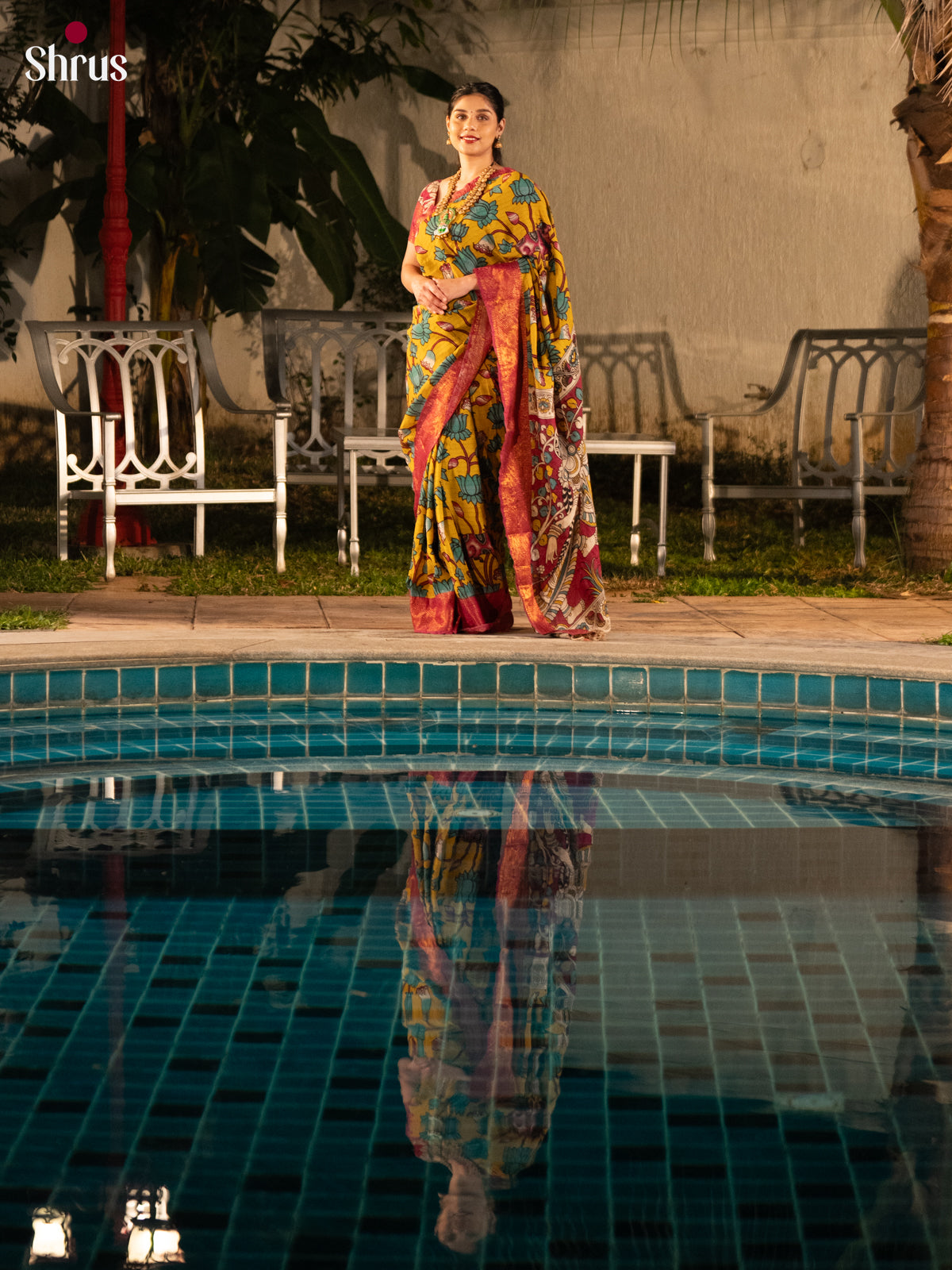 Yellow & Pink - Kalamkari Printed Mangalagiri silkcotton Saree - Shop on Shrus.com