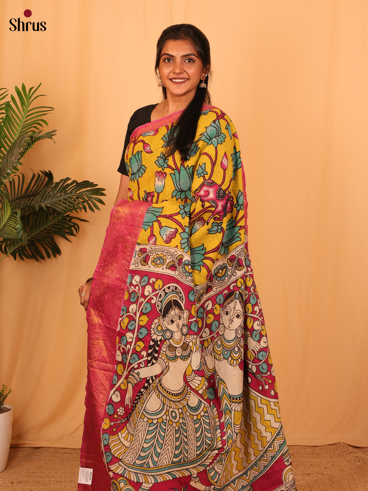 Yellow & Pink - Kalamkari Printed Mangalagiri silkcotton Saree - Shop on Shrus.com